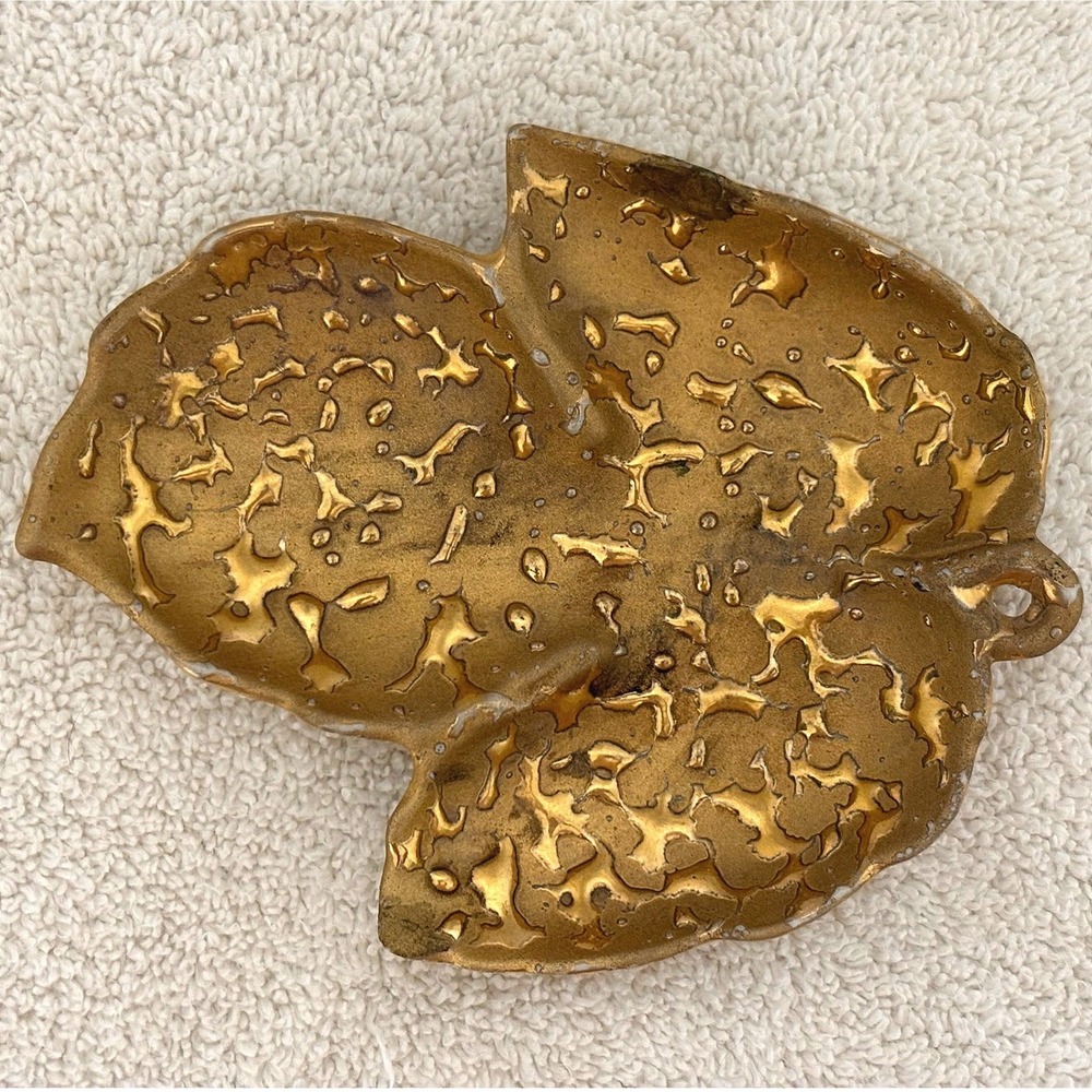 Vintage 22K Weeping Bright‎ Gold Leaf Trinket Dish Hand Decorated USA Ceramic